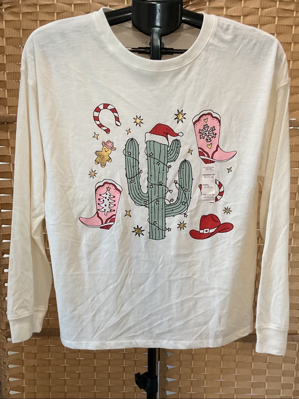 SO White Long-Sleeve Tee with Festive Cactus & Pink Cowboy Boots NWOT
